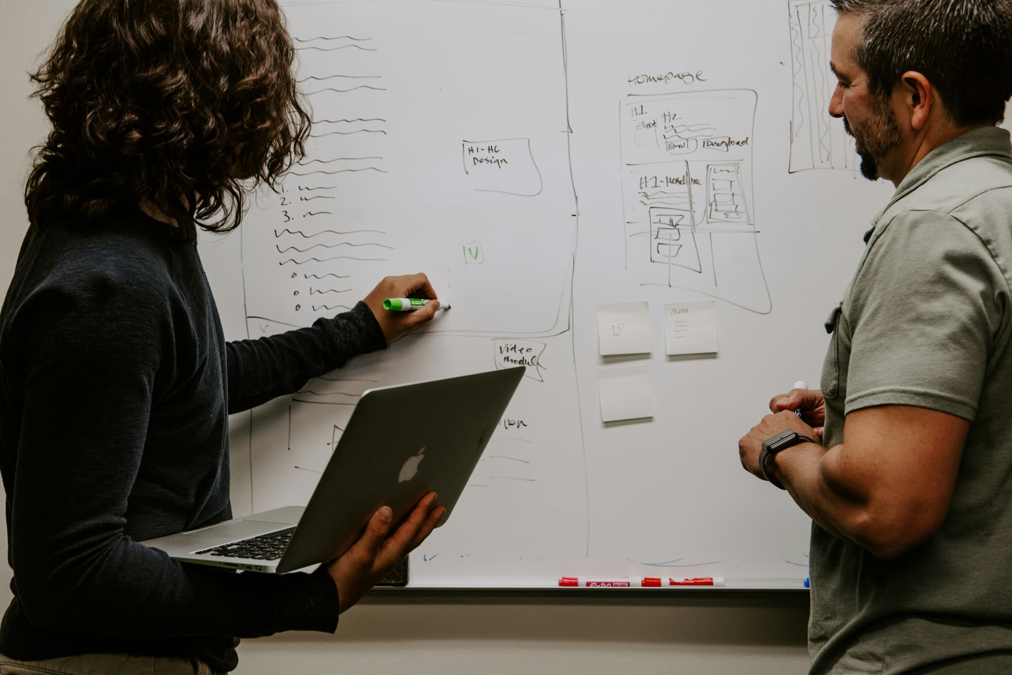 Two people reviewing a process on a whiteboard